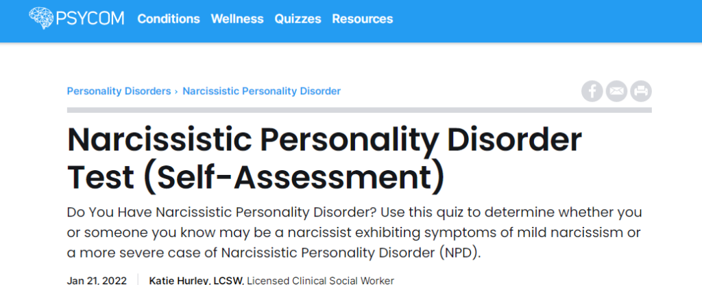 Psycom 3 Minutes Narcissistic Personality Disorder Test