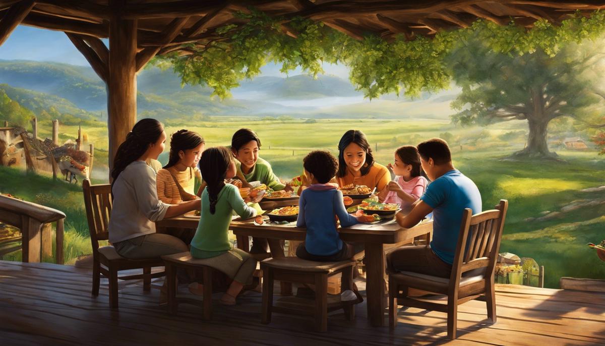 An image depicting a close-knit family sitting together and sharing a meal, symbolizing strong relationships and healthy family dynamics.