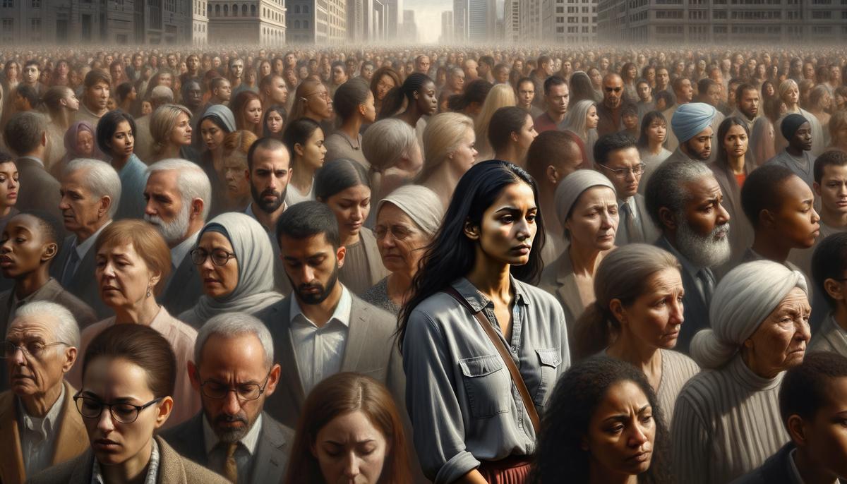 Image of a person surrounded by others but still feeling lonely, representing the theme of the text