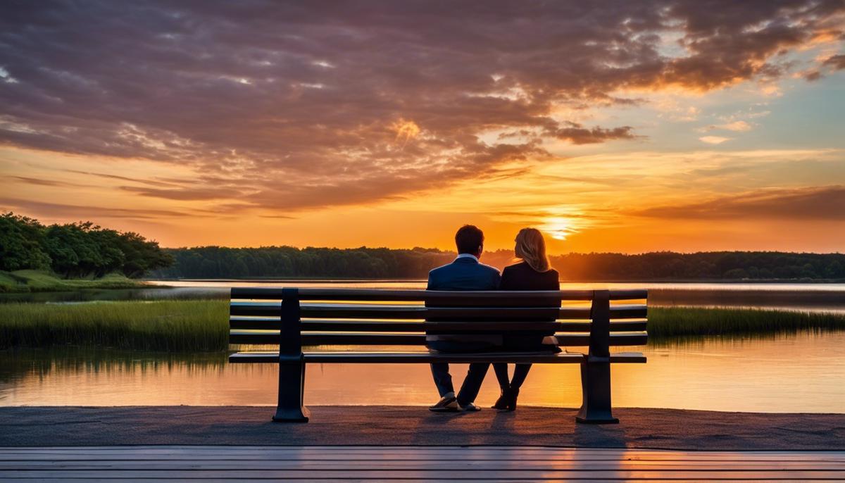 Image of a couple taking a break, sitting on opposite ends of a bench, looking thoughtful and relaxed, with a beautiful sunset in the background.